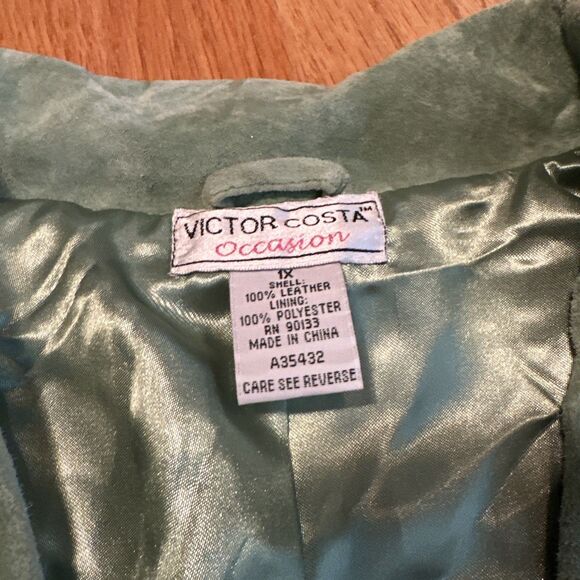 Victor Costa Sz 1X Suede Leather Green Coat Jacket Turquoise Stones FRINGE - Picture 2 of 10